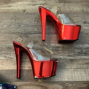 7 inch red chrome please heels size 8